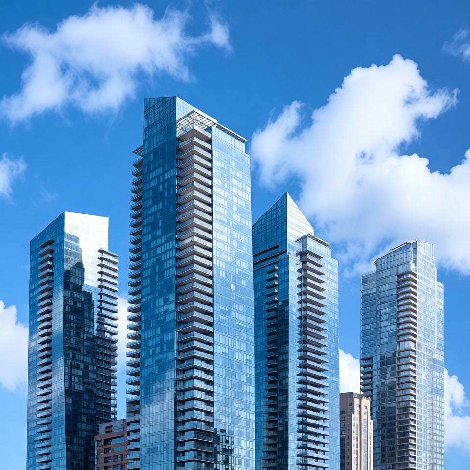 Modern glass skyscrapers under blue sky Modern glass skyscrapers under blue sky