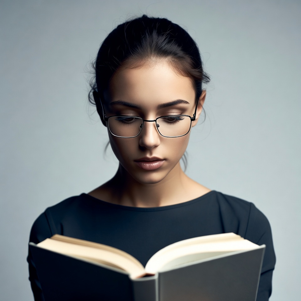 Young woman reading book with glasses Young woman reading book with glasses