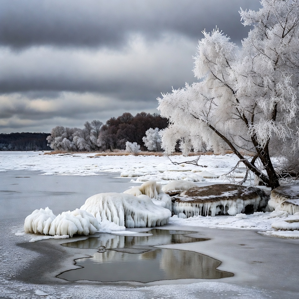 Frosty Trees and Ice on Lakeshore Frosty Trees and Ice on Lakeshore