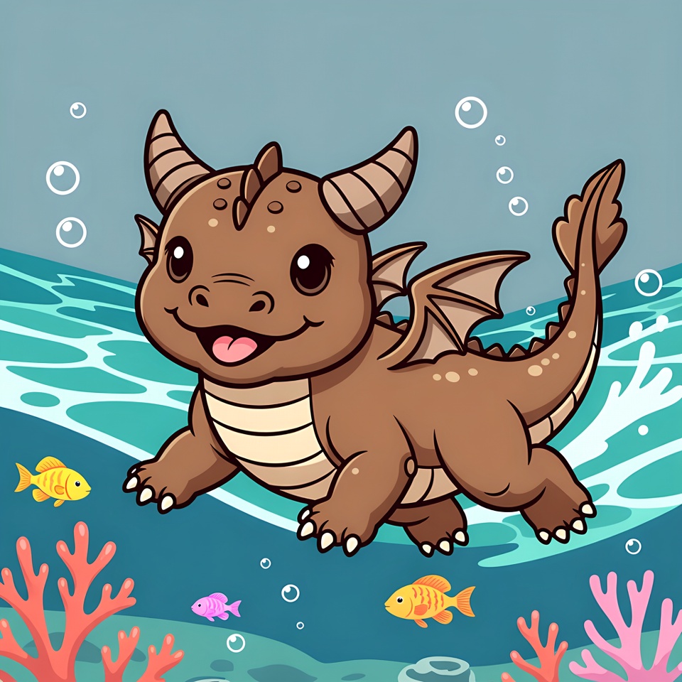 Cute baby dragon swimming underwater Cute baby dragon swimming underwater