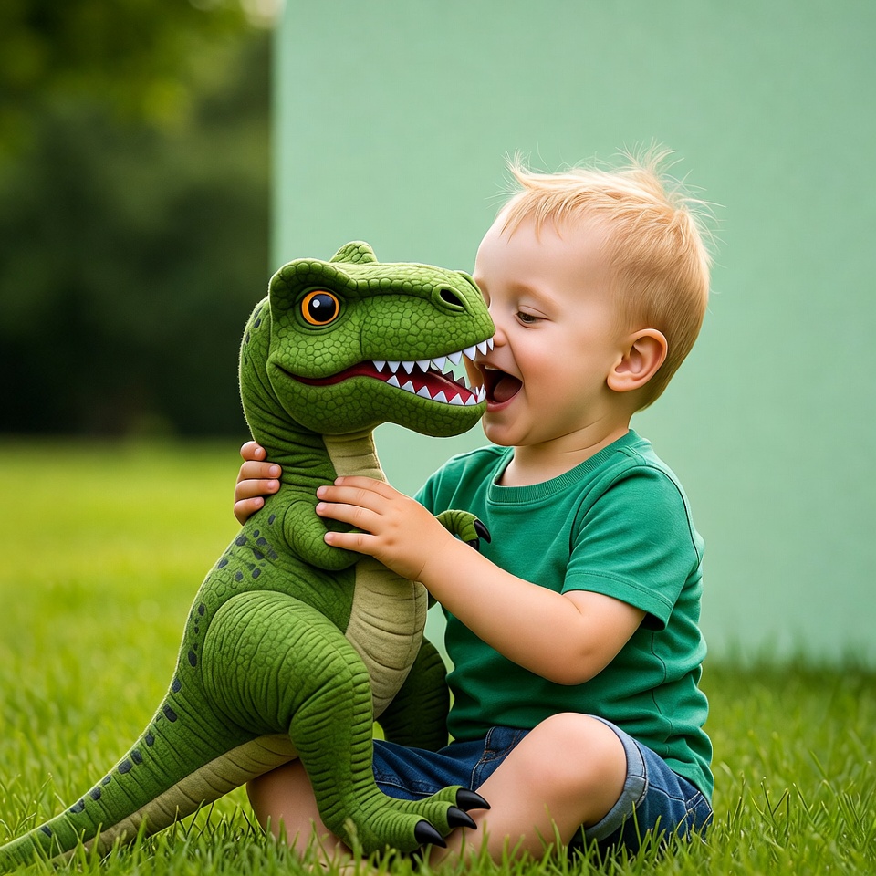 Blond toddler hugging green T-Rex toy Blond toddler hugging green T-Rex toy