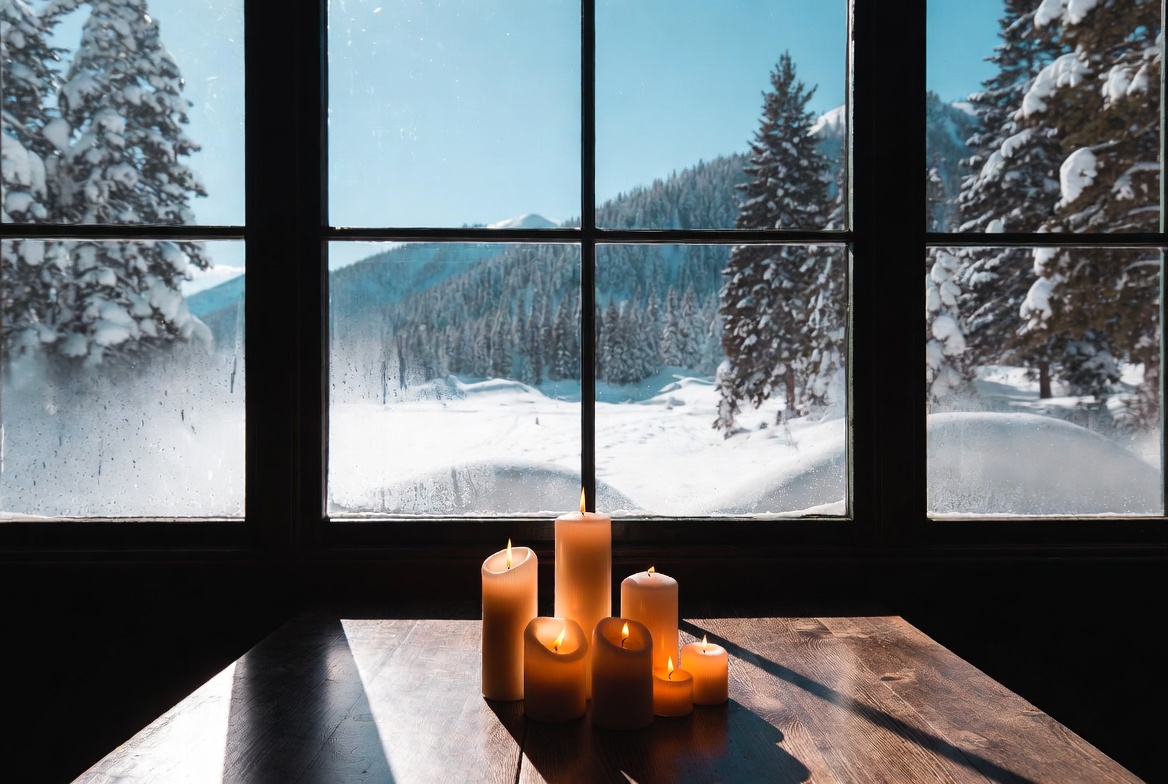 Candles on table with snowy mountain view Candles on table with snowy mountain view