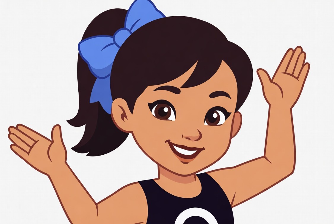 Cartoon Asian girl waving with blue bow Cartoon Asian girl waving with blue bow