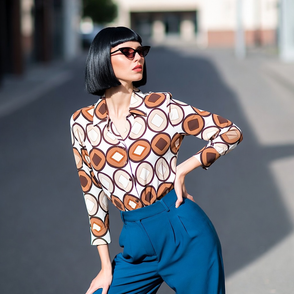 Woman in retro patterned shirt and blue pants Woman in retro patterned shirt and blue pants