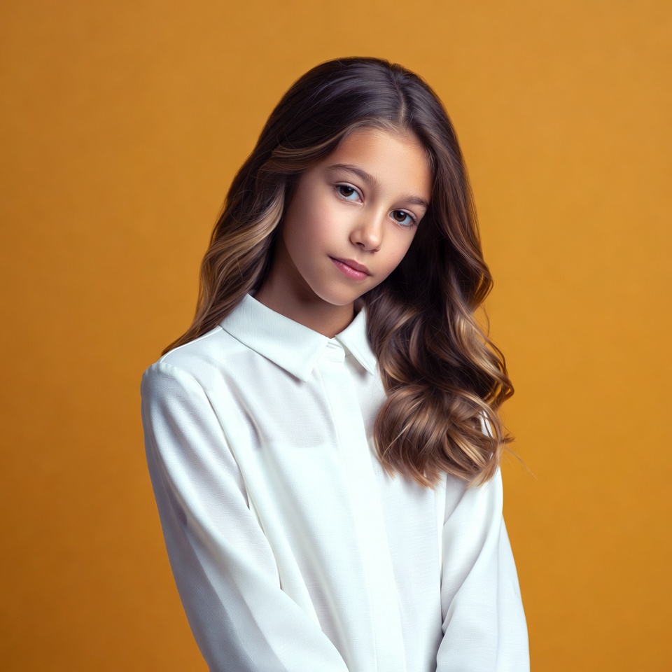 Girl with long wavy hair on orange background Girl with long wavy hair on orange background