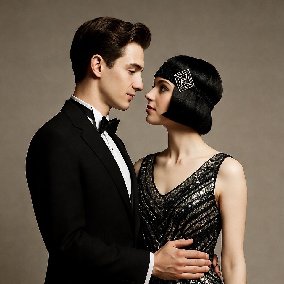 Man and woman gazing intimately 1920s style Man and woman gazing intimately 1920s style