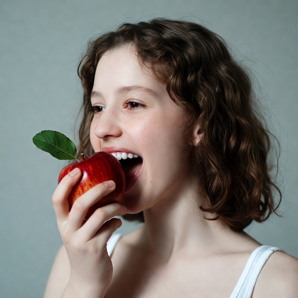 Girl biting red apple Girl biting red apple
