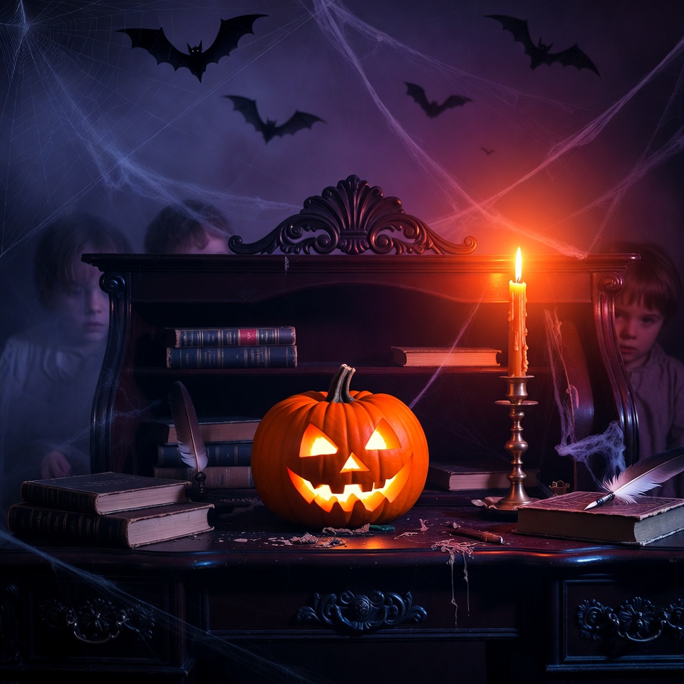 Halloween Jack-o'-lantern on Antique Desk Halloween Jack-o'-lantern on Antique Desk