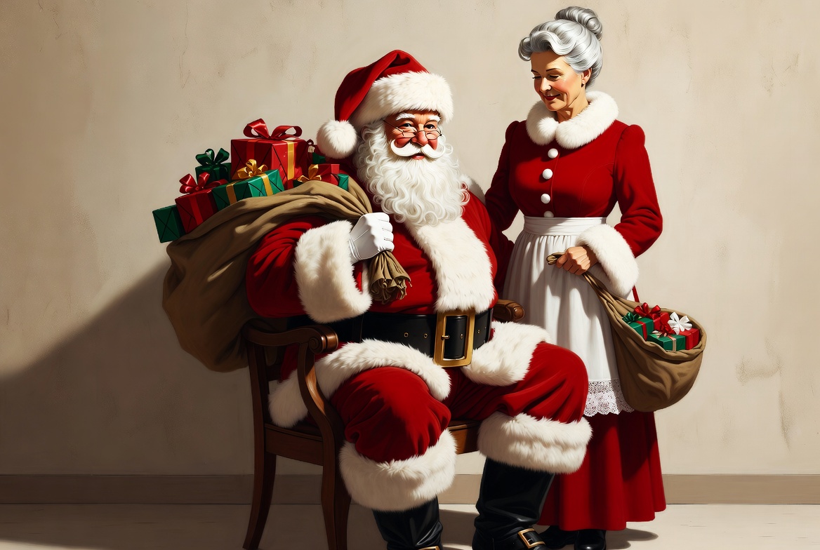 Santa Claus and Mrs. Claus with gifts Santa Claus and Mrs. Claus with gifts
