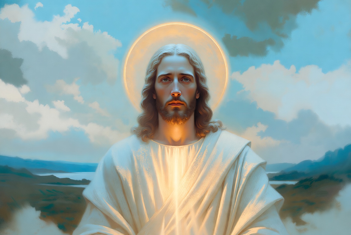 Jesus Christ with halo in landscape Jesus Christ with halo in landscape