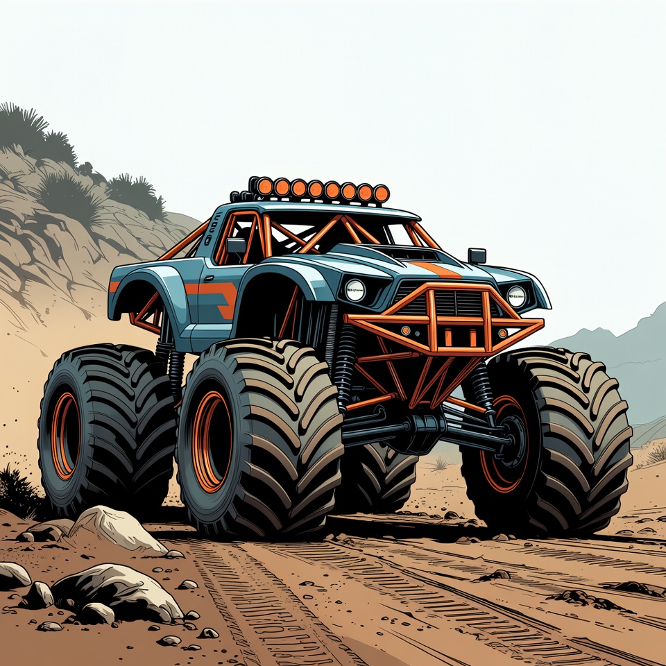 Blue Monster Truck on Desert Trail Blue Monster Truck on Desert Trail