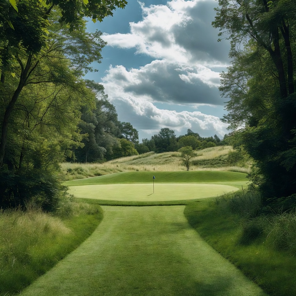 Golf green with flagstick in forest Golf green with flagstick in forest