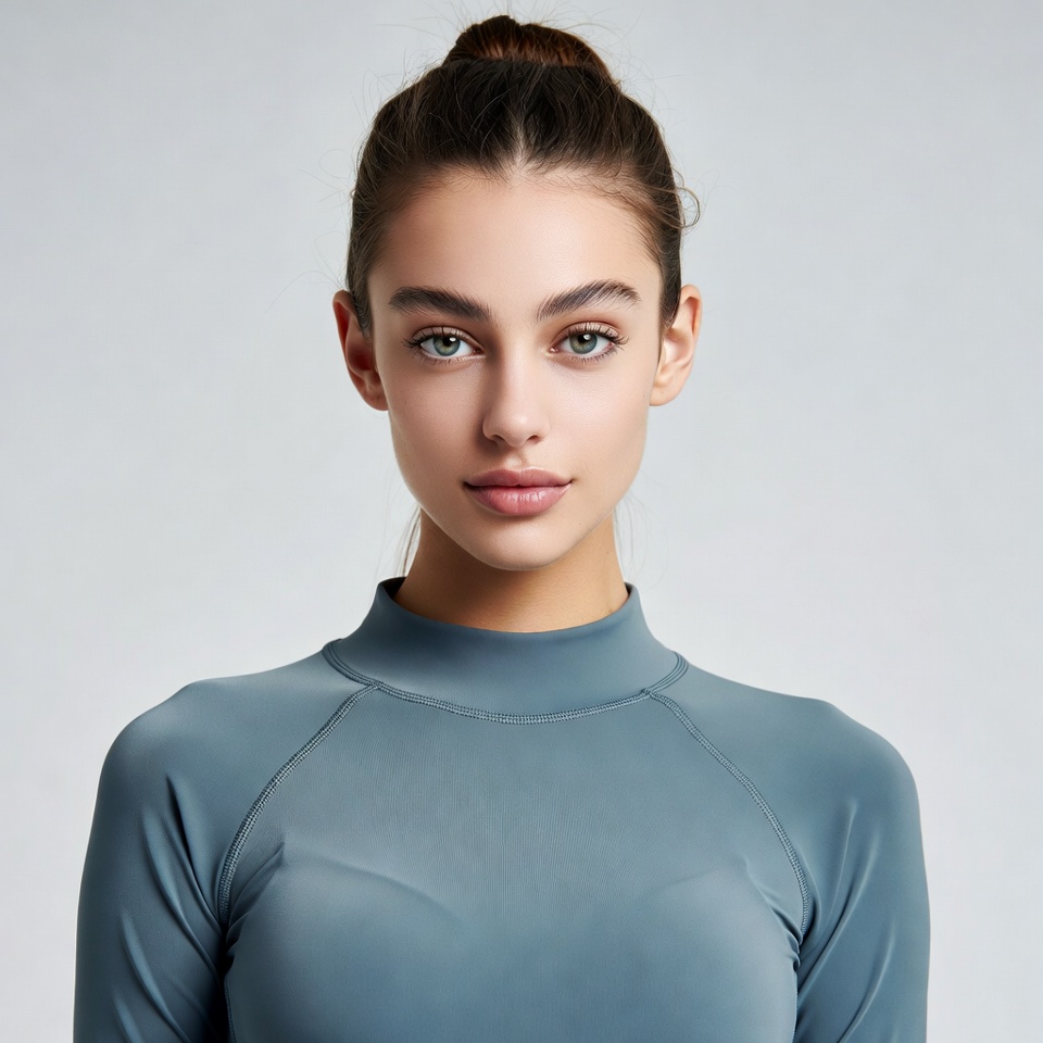 Young woman in teal turtleneck Young woman in teal turtleneck