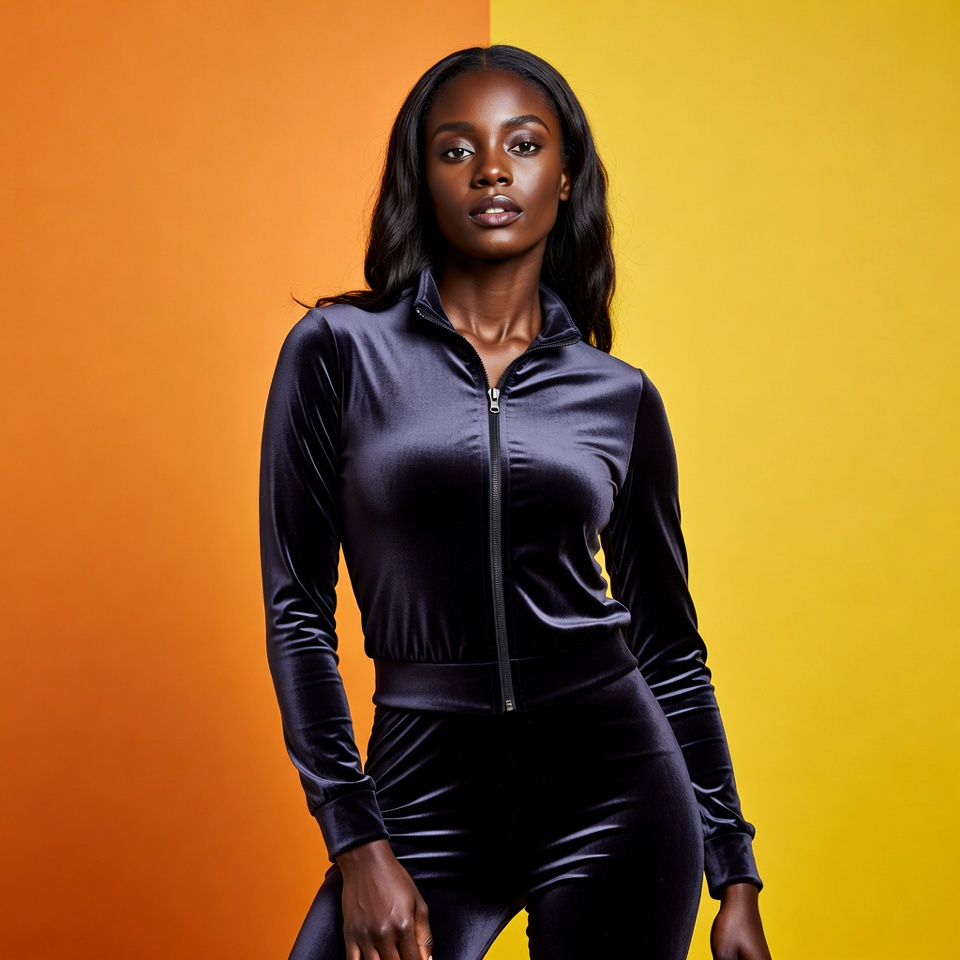 African-American woman in black velvet tracksuit African-American woman in black velvet tracksuit