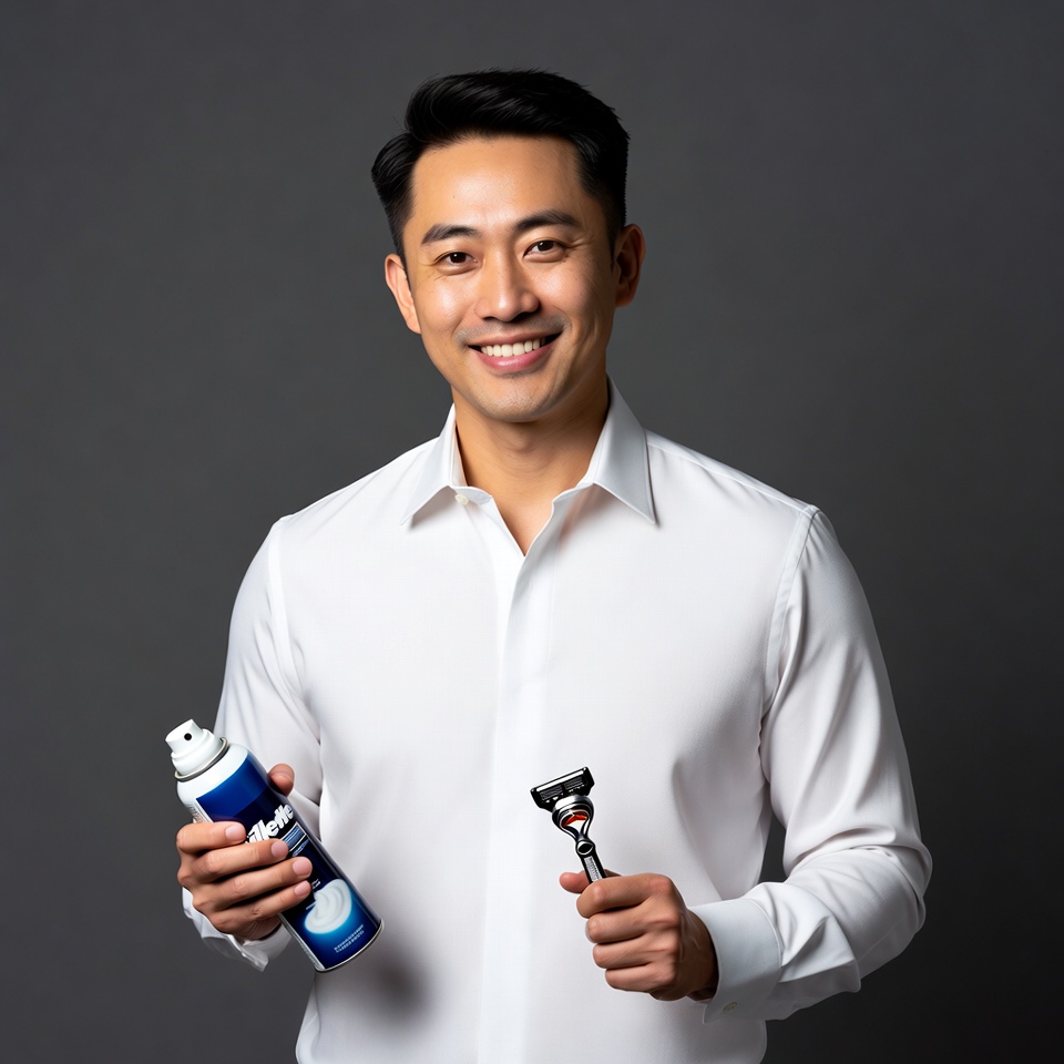 Asian man holding shaving cream and razor Asian man holding shaving cream and razor