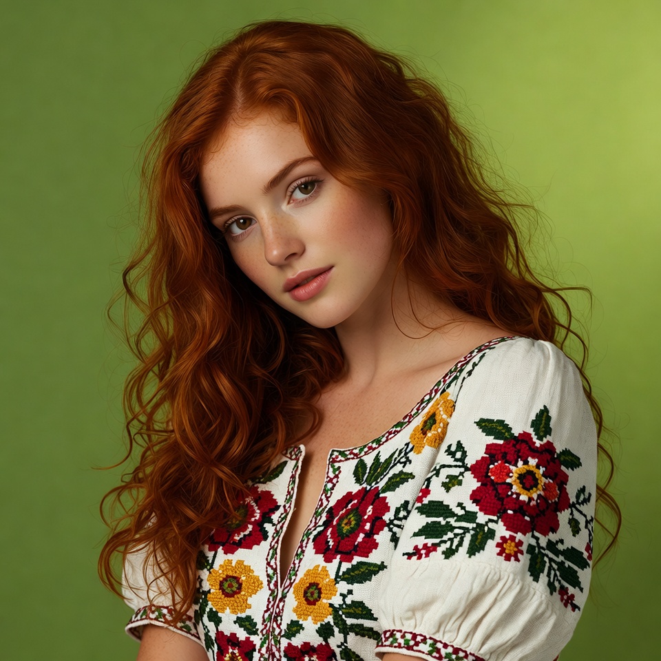 Redhead woman in embroidered blouse Redhead woman in embroidered blouse