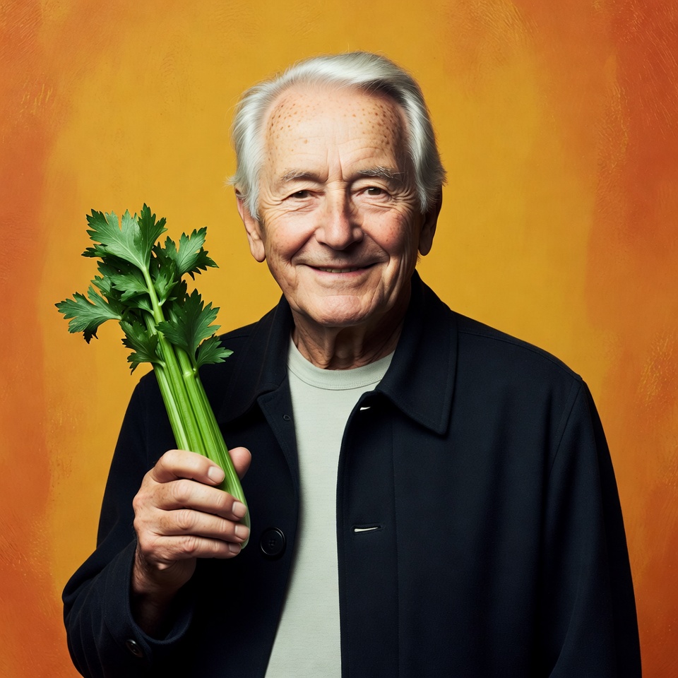Elderly man holding celery Elderly man holding celery