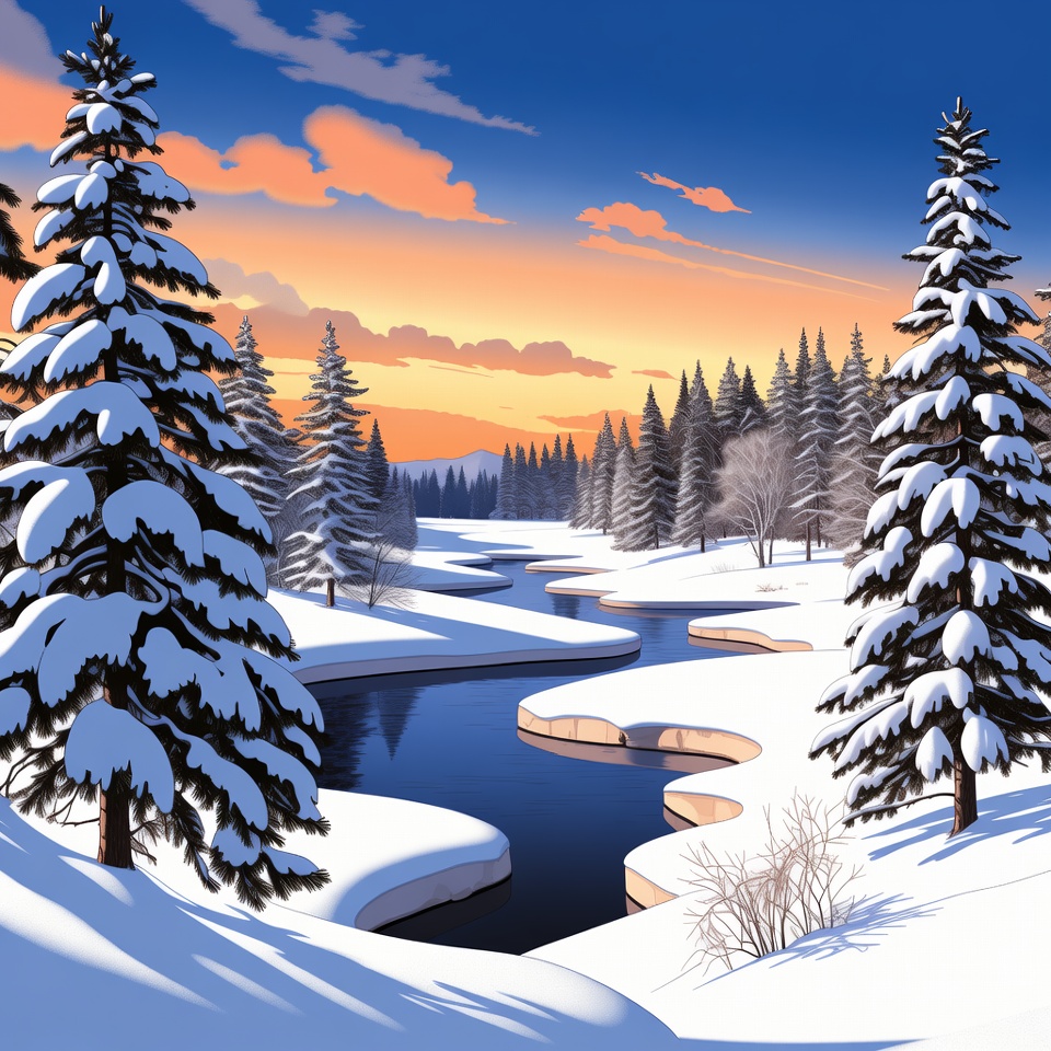 Snowy River in Pine Forest at Sunset Snowy River in Pine Forest at Sunset