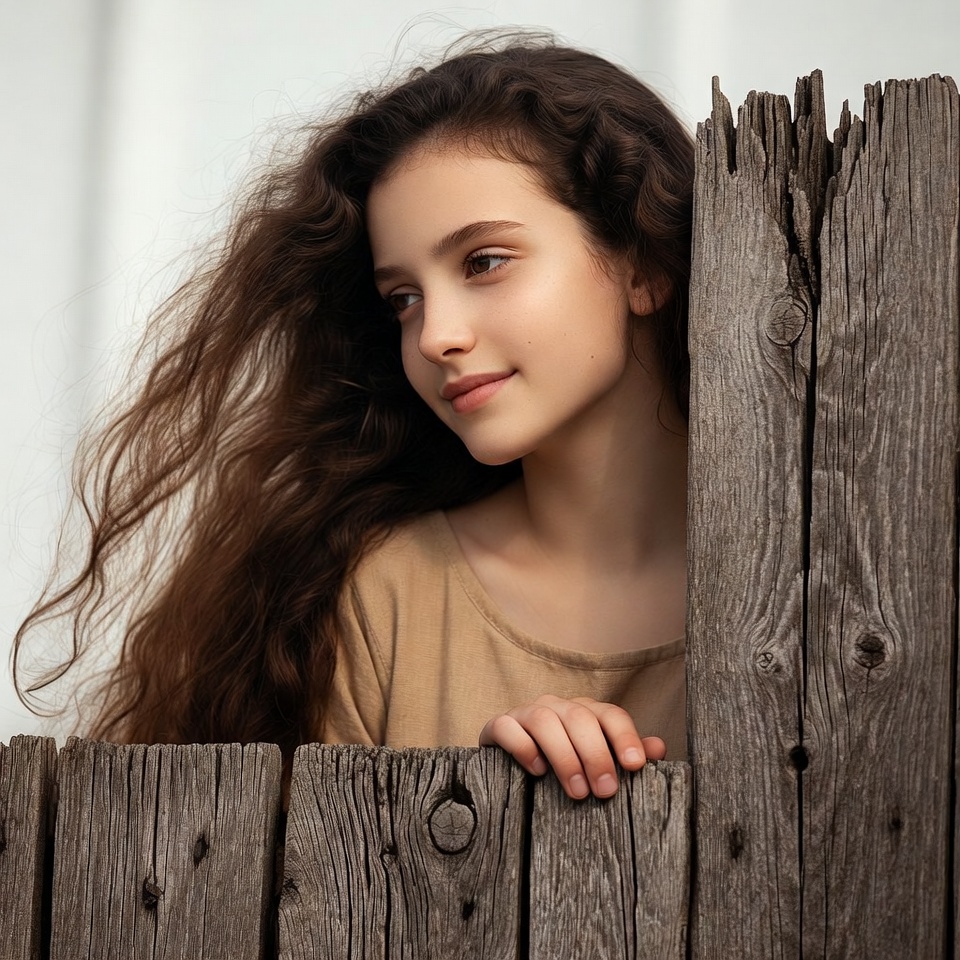 Girl peeking through wooden fence Girl peeking through wooden fence