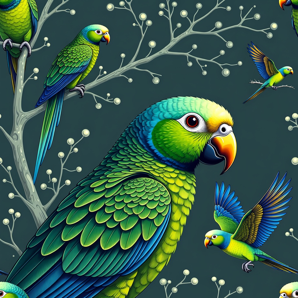 Colorful Parrots on Dark Tree Branches Colorful Parrots on Dark Tree Branches