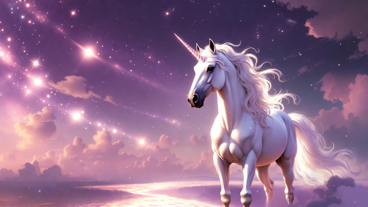 Majestic white unicorn in starry purple sky Majestic white unicorn in starry purple sky