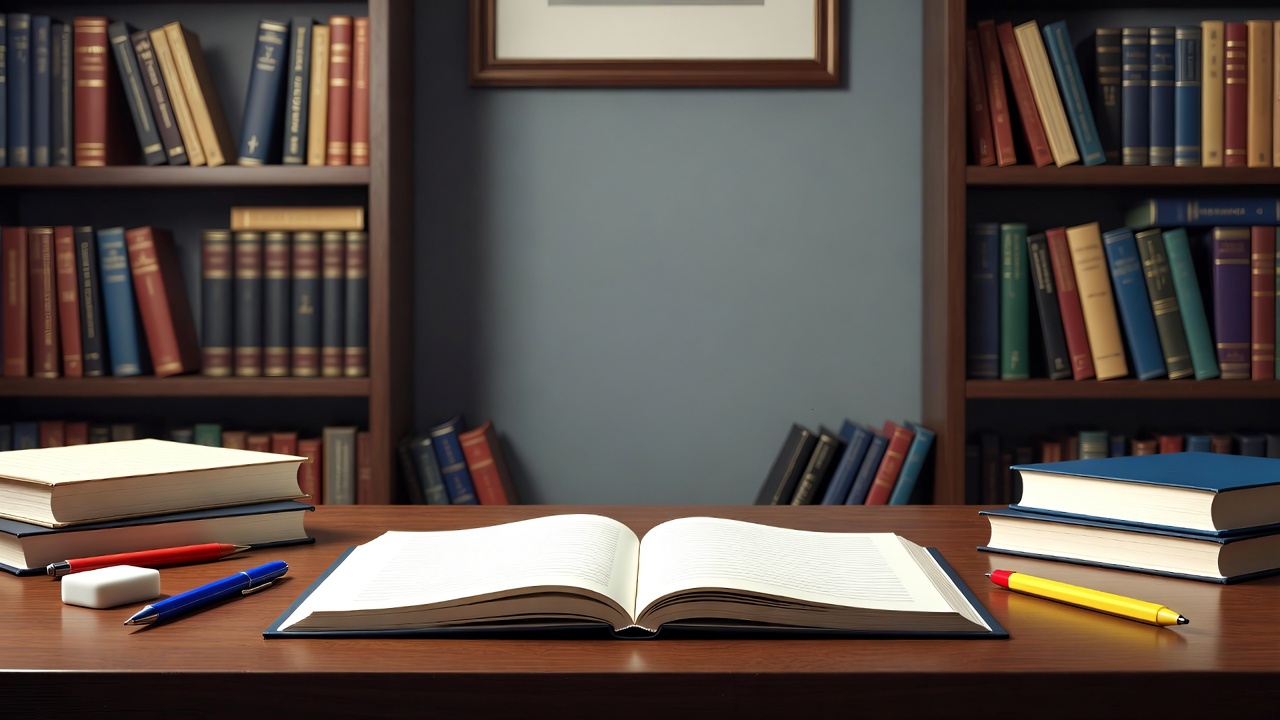 Open book on desk with bookshelves Open book on desk with bookshelves