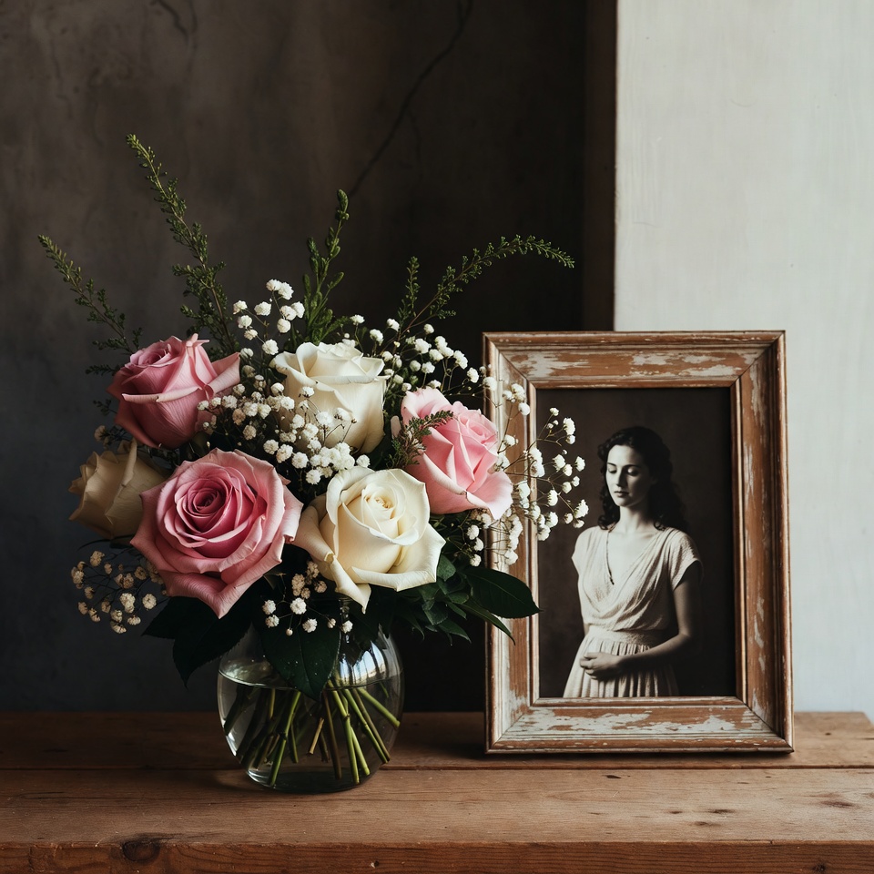 Pink Roses Bouquet Beside Woman Portrait Pink Roses Bouquet Beside Woman Portrait