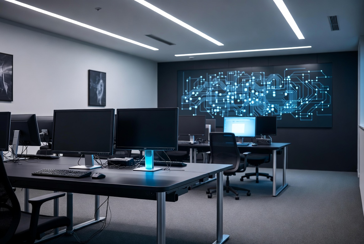 Modern empty office with computer workstations Modern empty office with computer workstations