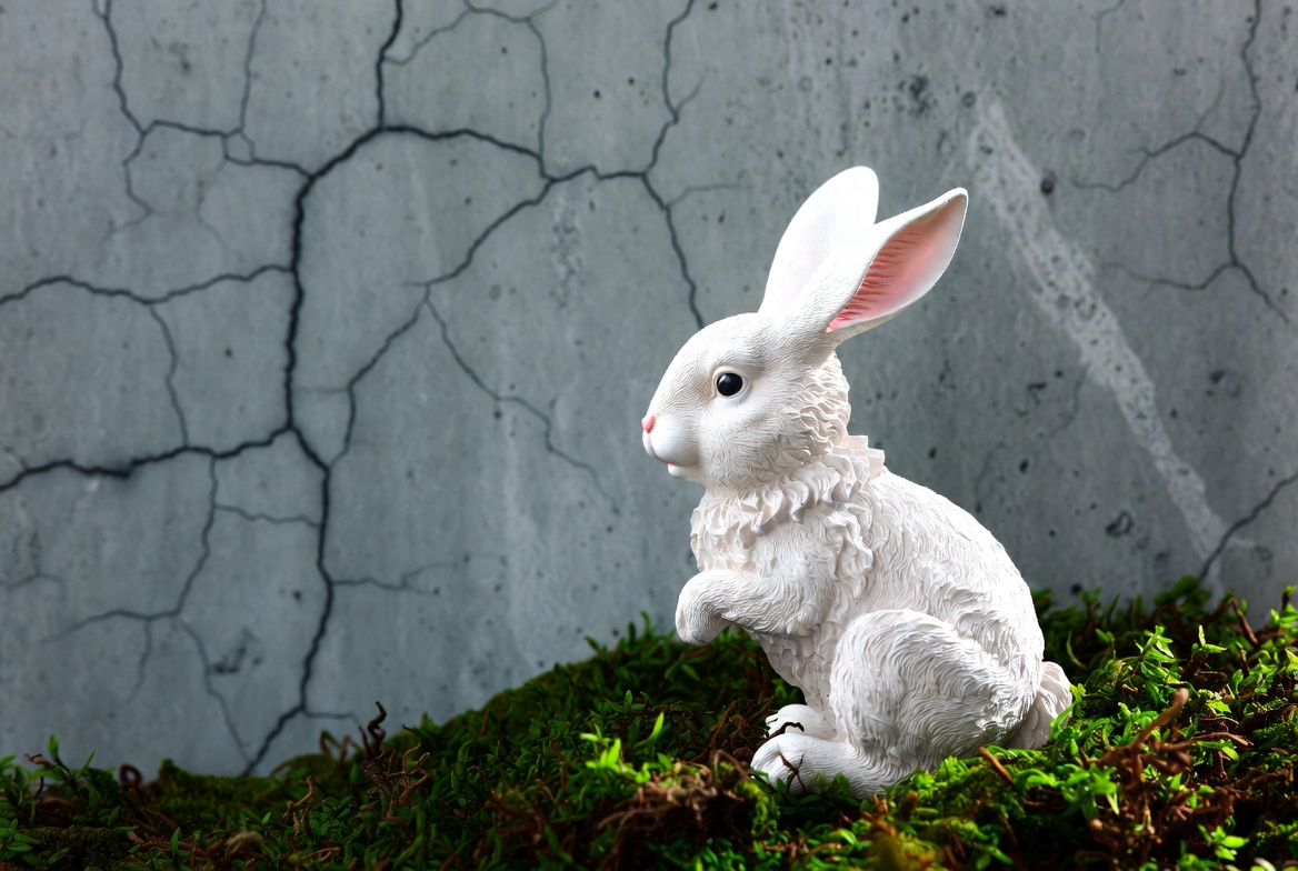 White bunny on mossy cracked wall White bunny on mossy cracked wall