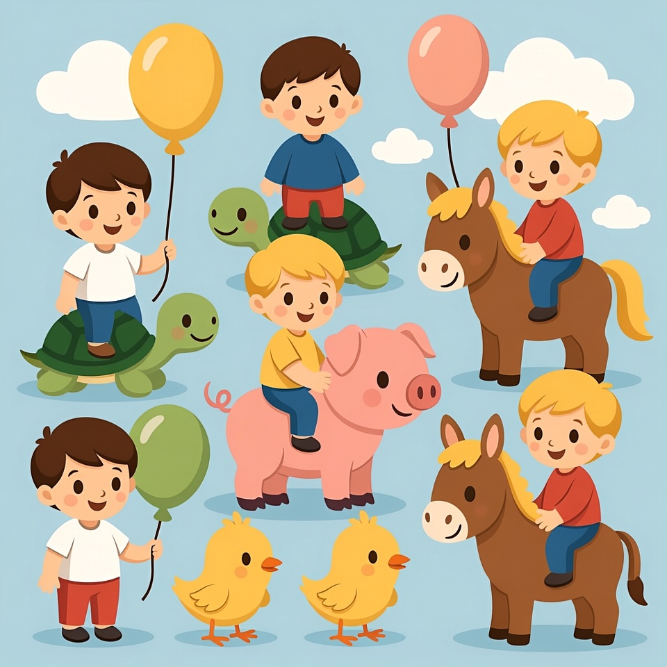 Boys with animals and balloons illustration Boys with animals and balloons illustration