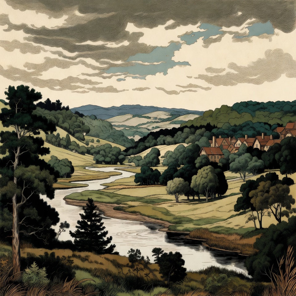 Village by River in Hilly Landscape Village by River in Hilly Landscape