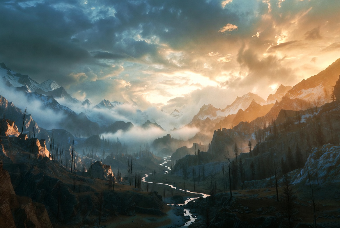 Majestic Snowy Mountains with River Valley Majestic Snowy Mountains with River Valley