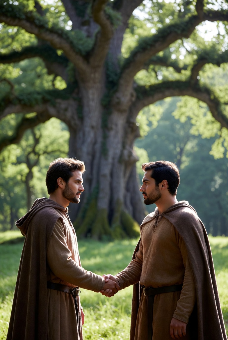 Two men shaking hands under oak tree Two men shaking hands under oak tree