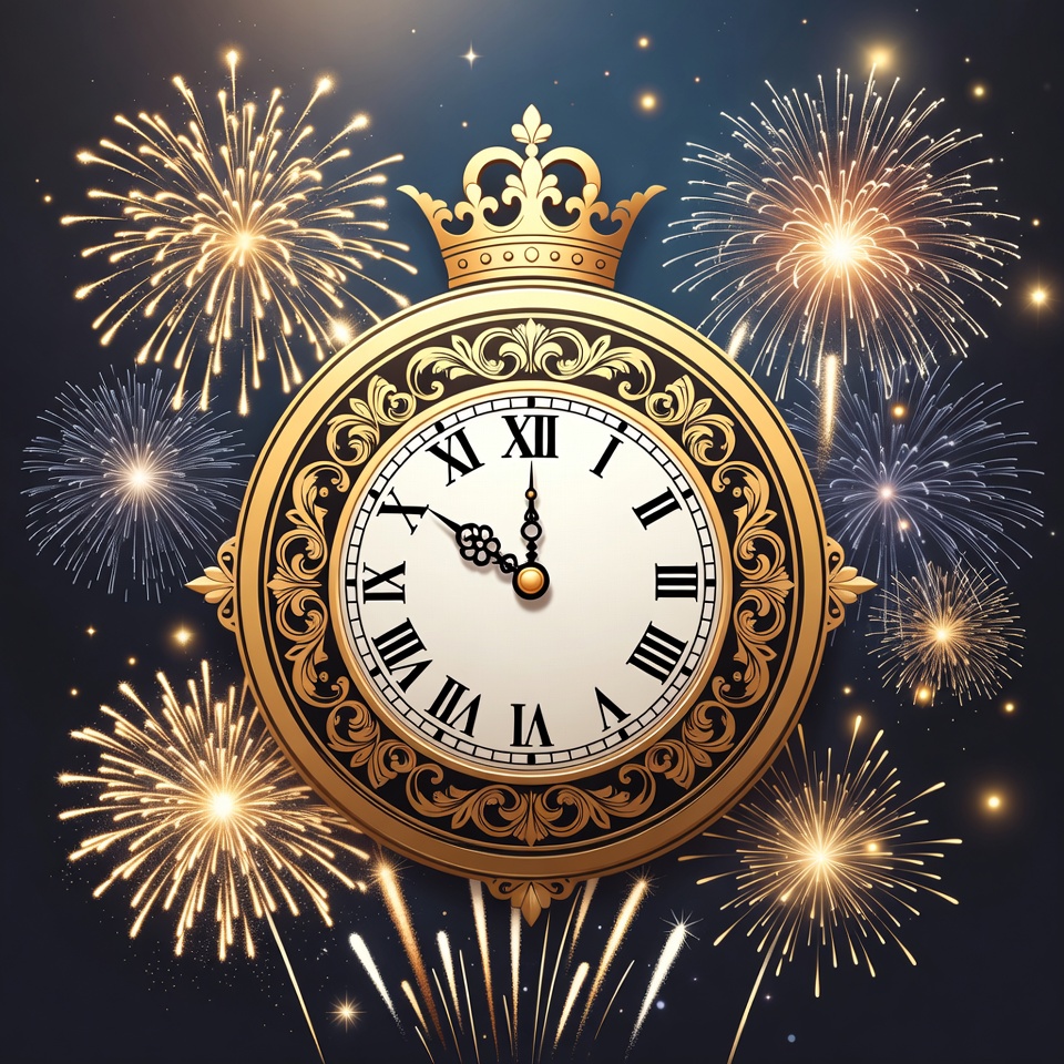 Golden Clock with Fireworks and Crown Golden Clock with Fireworks and Crown