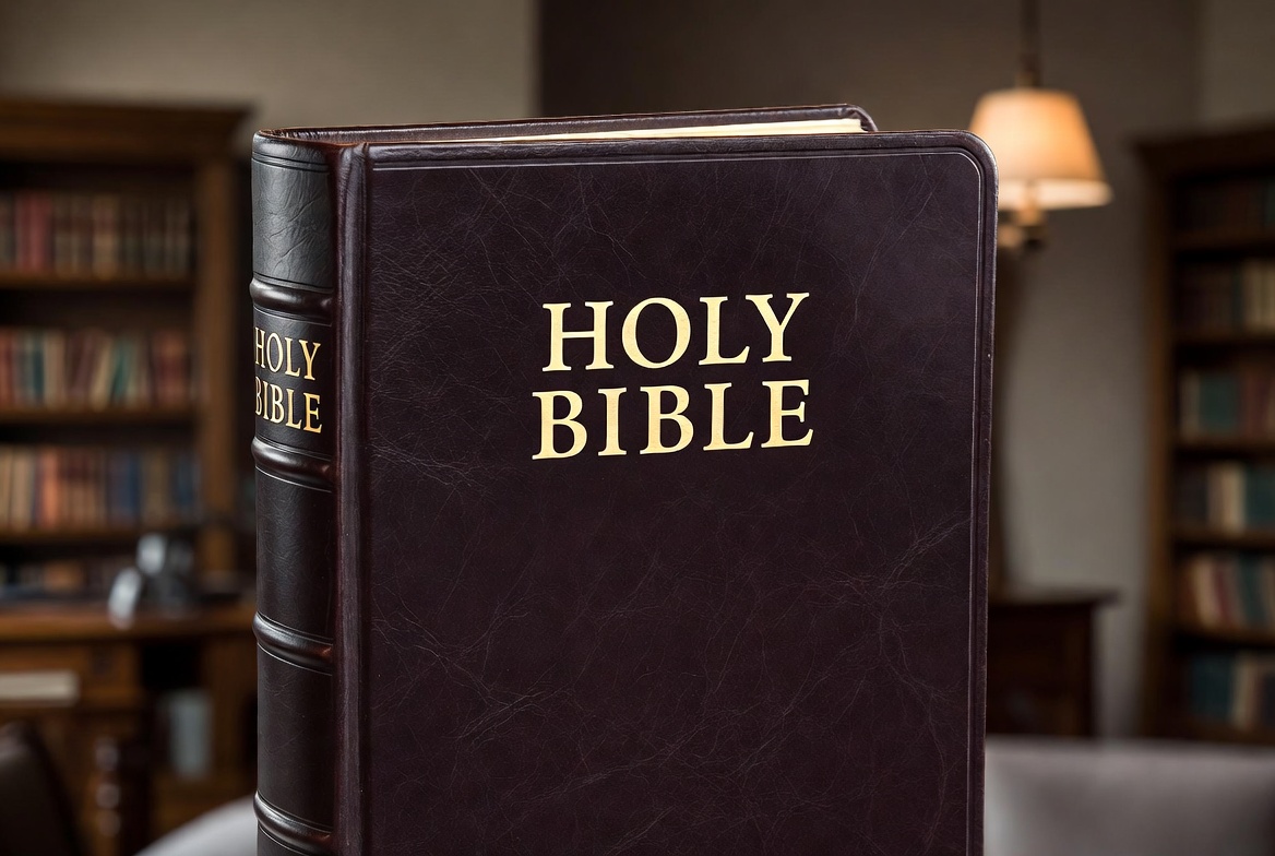 Open Holy Bible on table Open Holy Bible on table