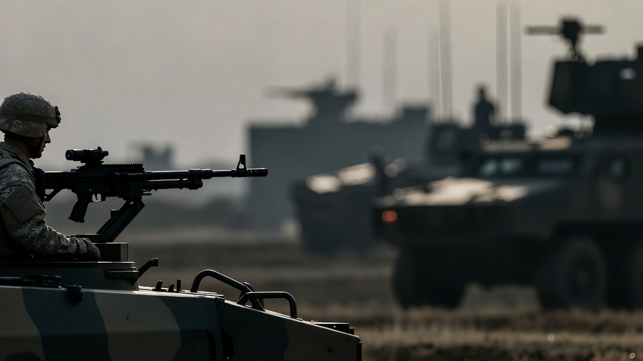 Soldier aiming rifle near military vehicles Soldier aiming rifle near military vehicles