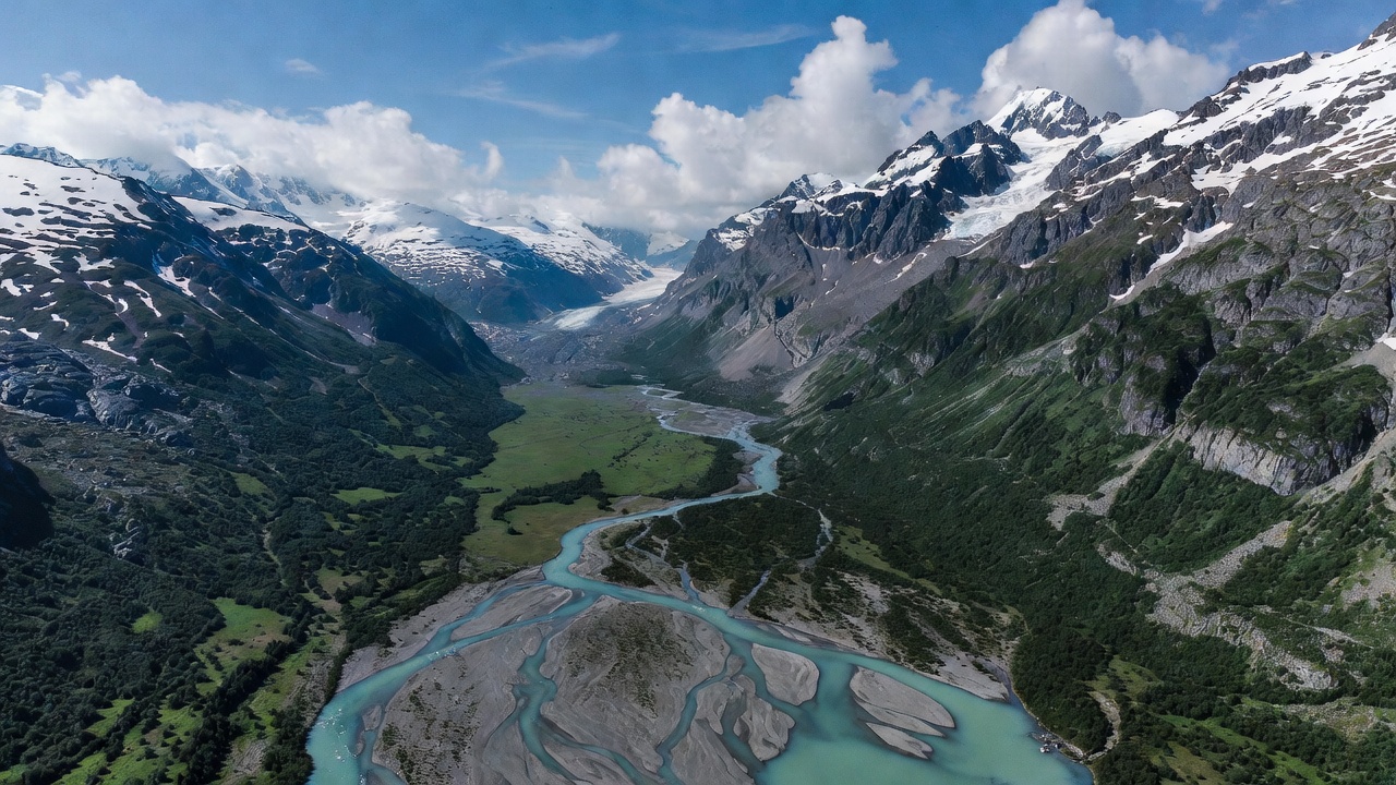 Aerial View Glacial River Valley Mountains Aerial View Glacial River Valley Mountains