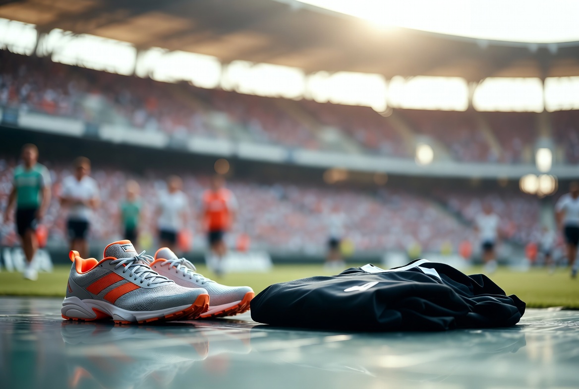 Running Shoes and Black Shirt on Stadium Track Running Shoes and Black Shirt on Stadium Track