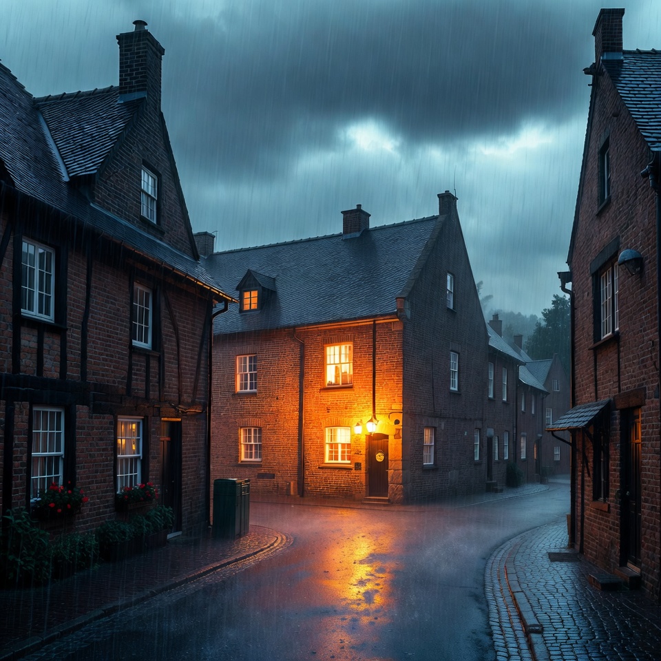 Rainy Cobblestone Street with Lit Houses Rainy Cobblestone Street with Lit Houses