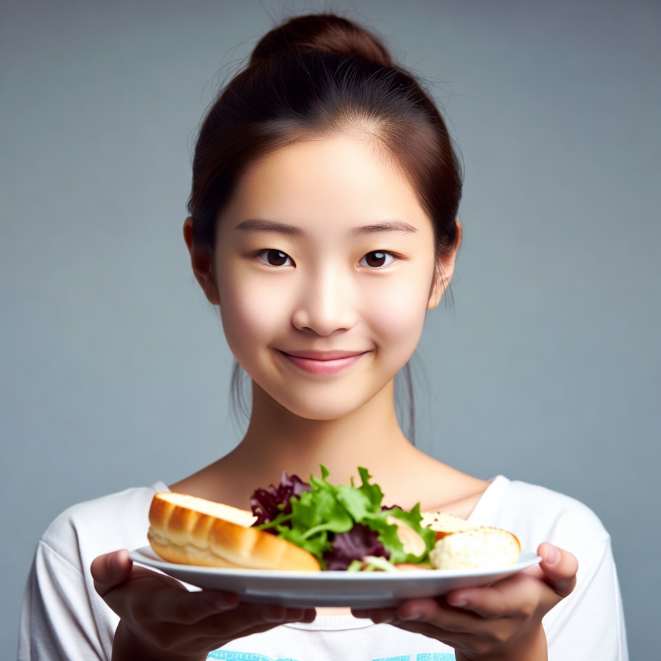 Asian girl holding salad plate Asian girl holding salad plate