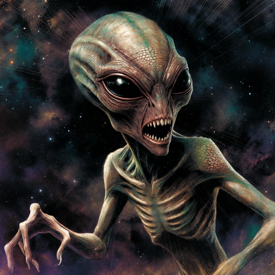 Roaring green alien in space Roaring green alien in space