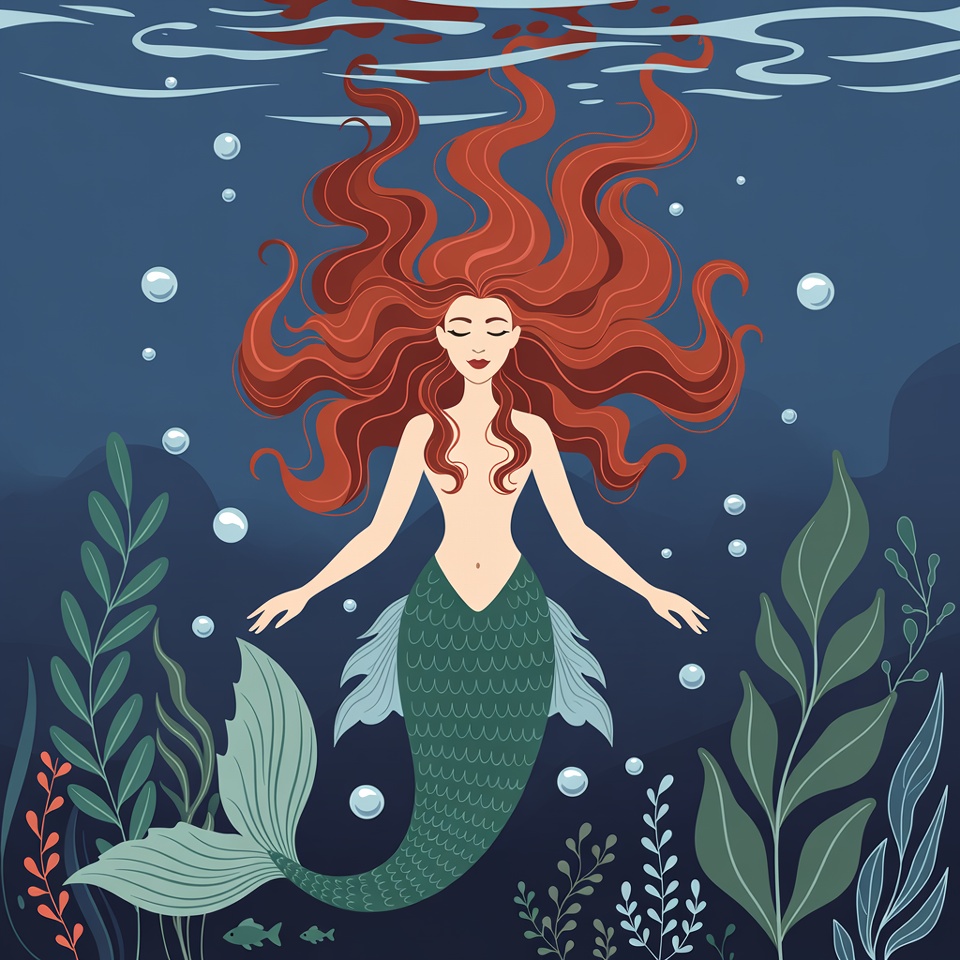 Red-haired mermaid floating underwater Red-haired mermaid floating underwater