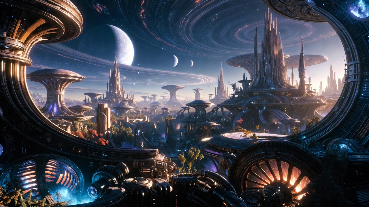 Futuristic Alien Cityscape with Planets Futuristic Alien Cityscape with Planets