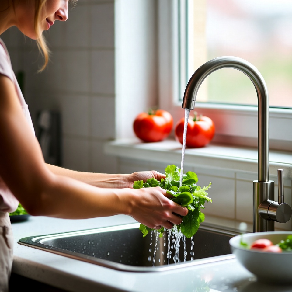 Woman washing greens in kitchen sink Woman washing greens in kitchen sink