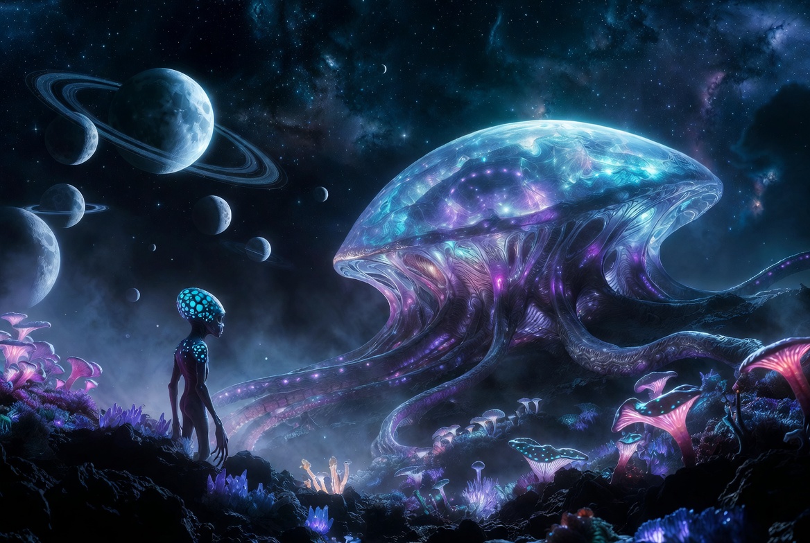 Alien humanoid with giant jellyfish Alien humanoid with giant jellyfish