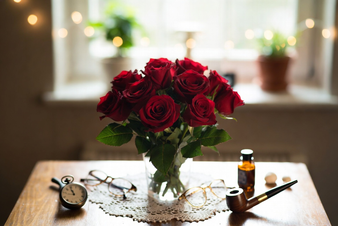 Red Roses Bouquet on Vintage Table Red Roses Bouquet on Vintage Table