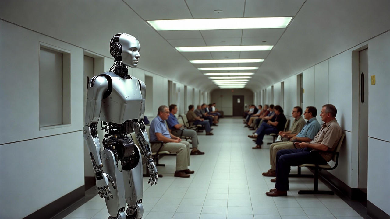 Silver robot standing in hospital waiting room Silver robot standing in hospital waiting room