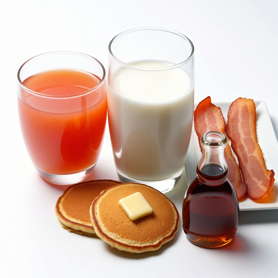 Pancakes with Bacon, Milk, Juice, Syrup Pancakes with Bacon, Milk, Juice, Syrup