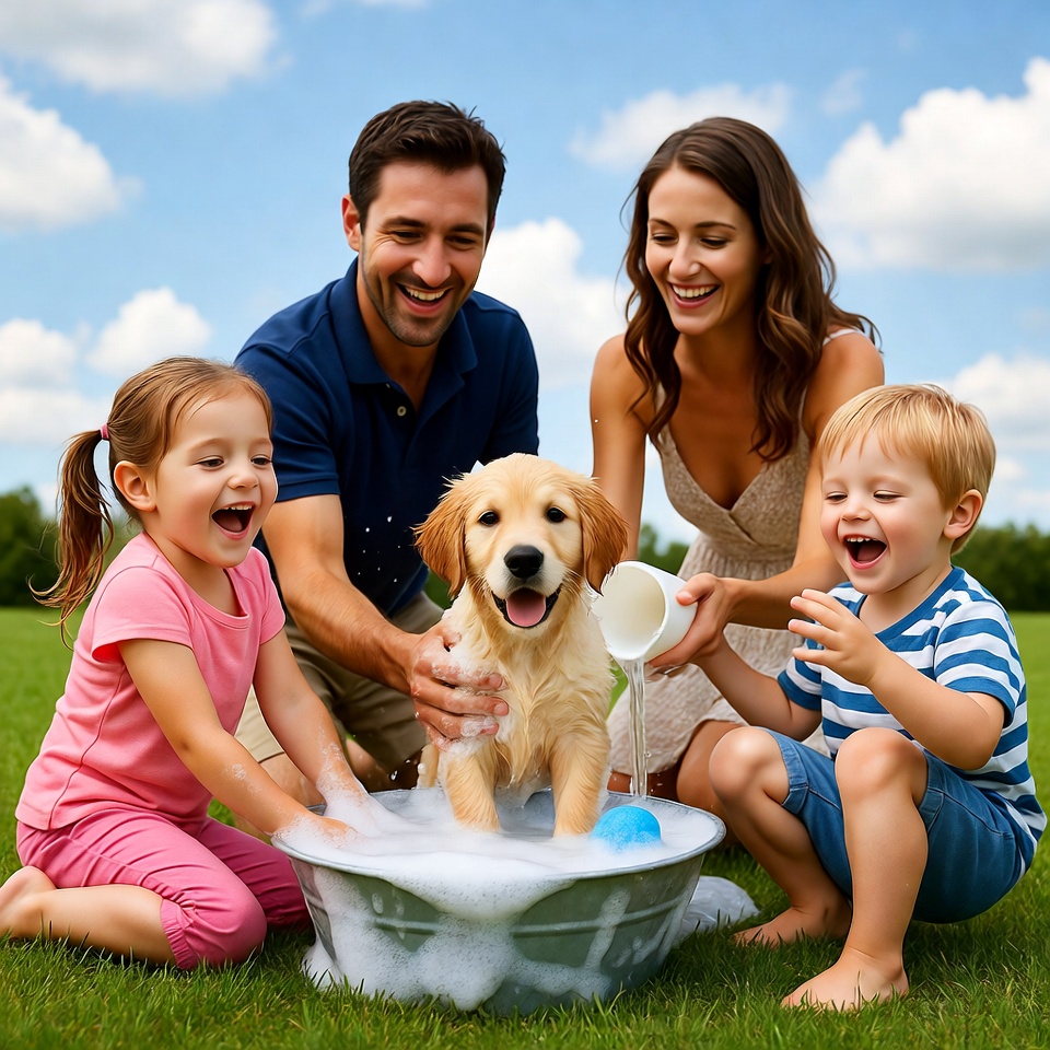 Family bathing golden retriever puppy outdoors Family bathing golden retriever puppy outdoors