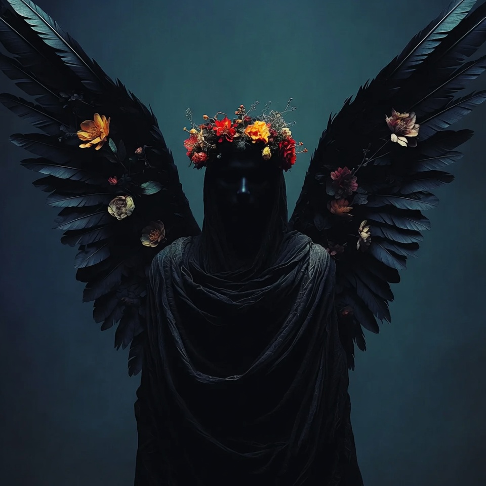 Dark winged angel with flower crown Dark winged angel with flower crown